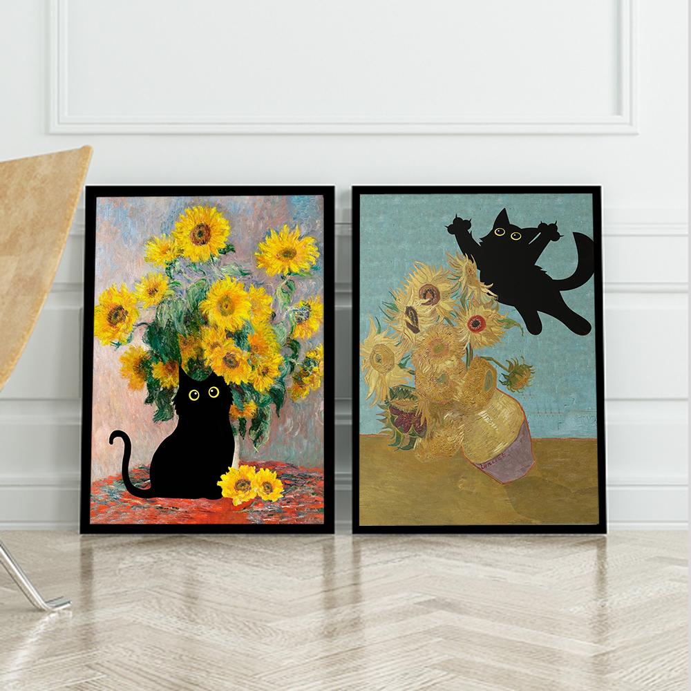 Funny Cat Art Poster Black Cat Swoop Van Gogh’S Sunflower Prints Canvas Painting Monet Flower Wall Art Picture Living Room Decor