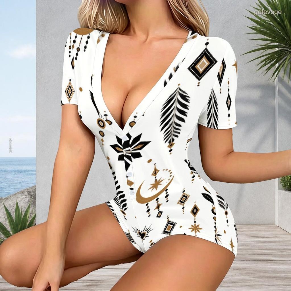 Women Plus Size Paisley Floral Print V Neck Short Sleeve Button Front Short Romper