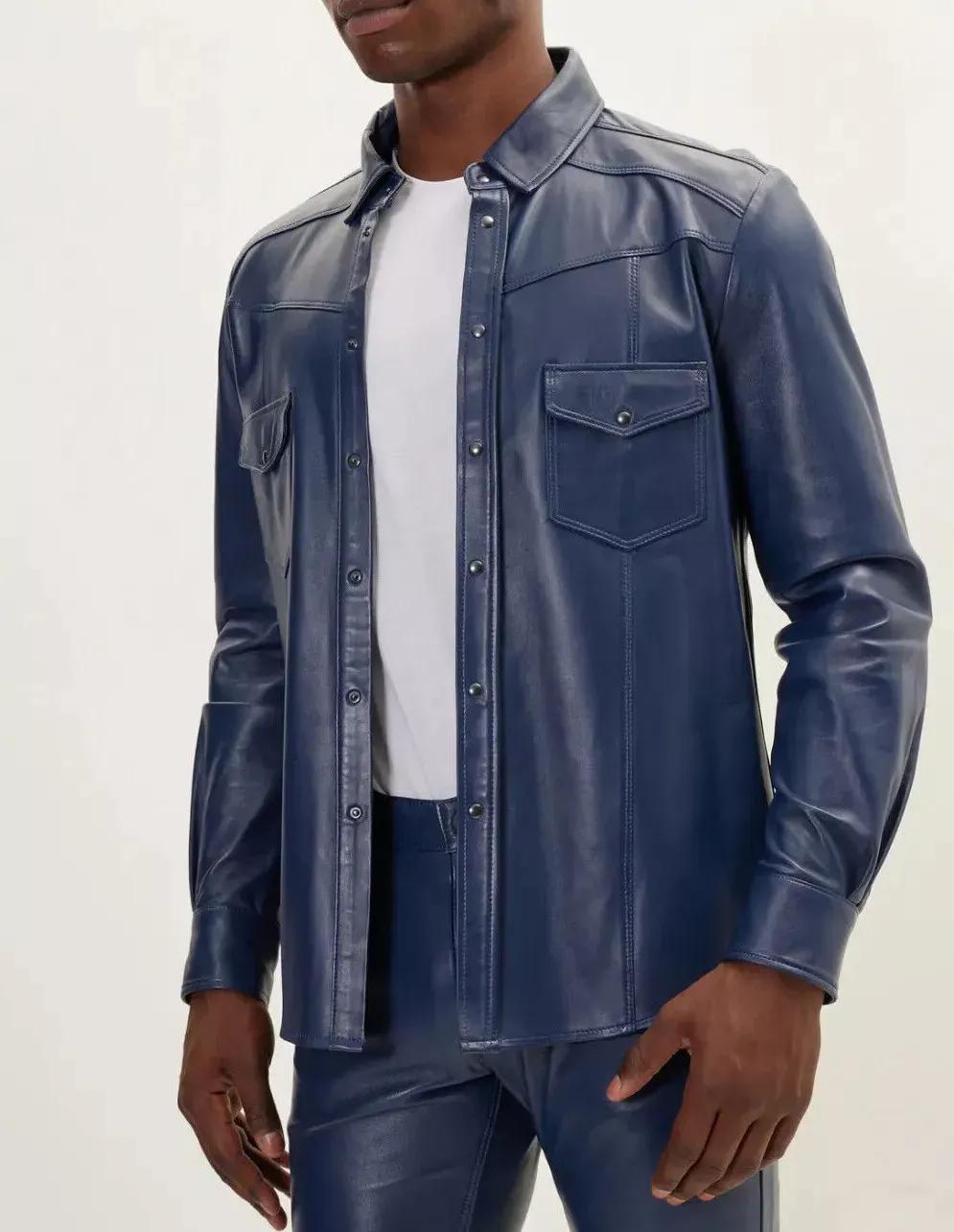 

Синяя мужская кожаная рубашка из овчины, повседневная классическая, ручная работа, официальная, стильная M синий