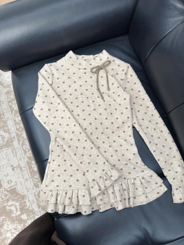 260g Brushed Cashmere Women's Slim Fit Polka Dot Bow Long Sleeve Embroidered Base Layer T-Shirt