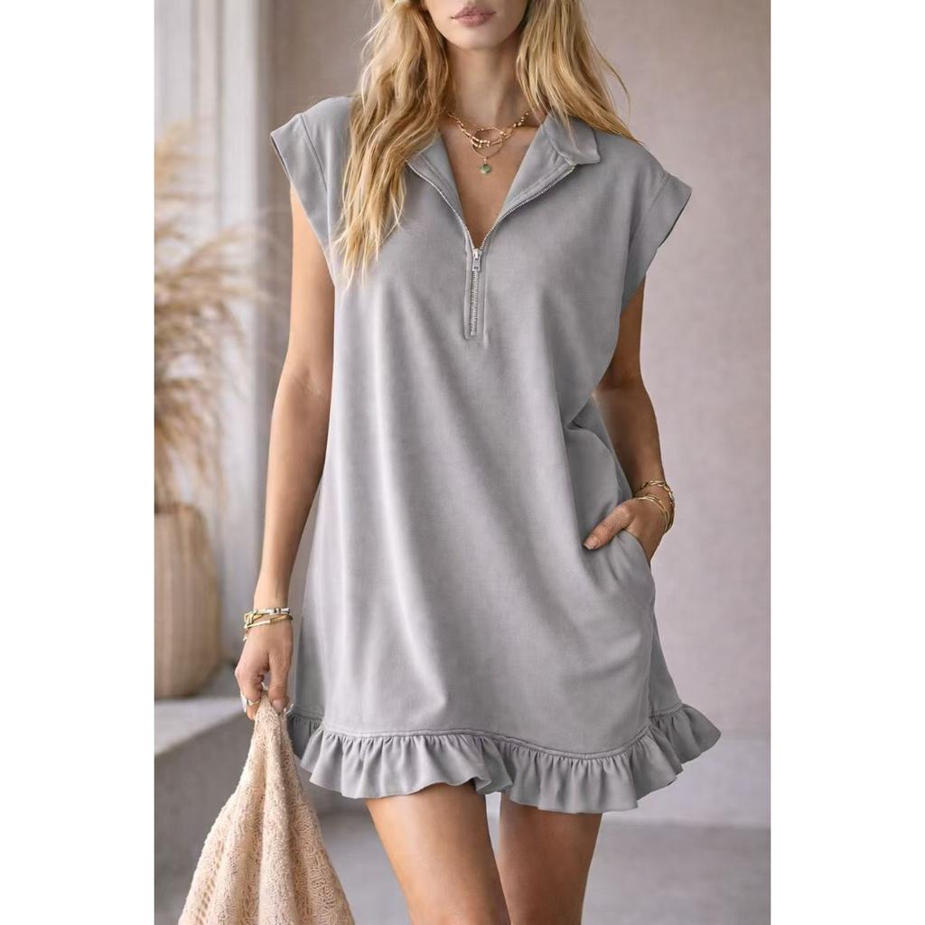 Spring Summer Women's Sleeveless V-Neck Zipper Ruffle Hem A-Line Dress with Double Pockets European American Style Casual Party Dress