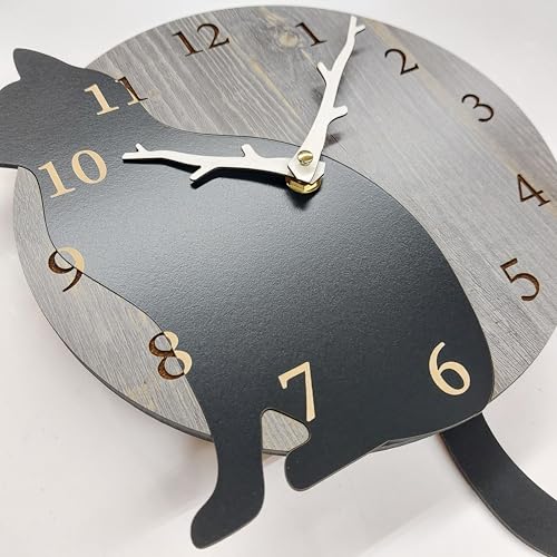 Black Cat Wall Clock with Pendulum, Natural Wood Design, Stylish Cat Lover's Gift, Cat Motif, Nordic Style Interior, Cute Accessory with Wagging Tail