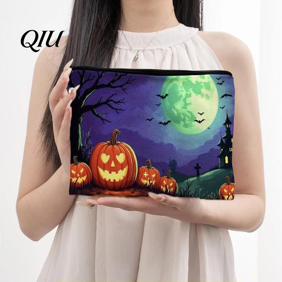Festive Pumpkin Print Bag Halloween Storage Bag, with Ghost Pattern Design, Thickened Pencil Case Canvas Cosmetic Organizer, for Travel Stationery