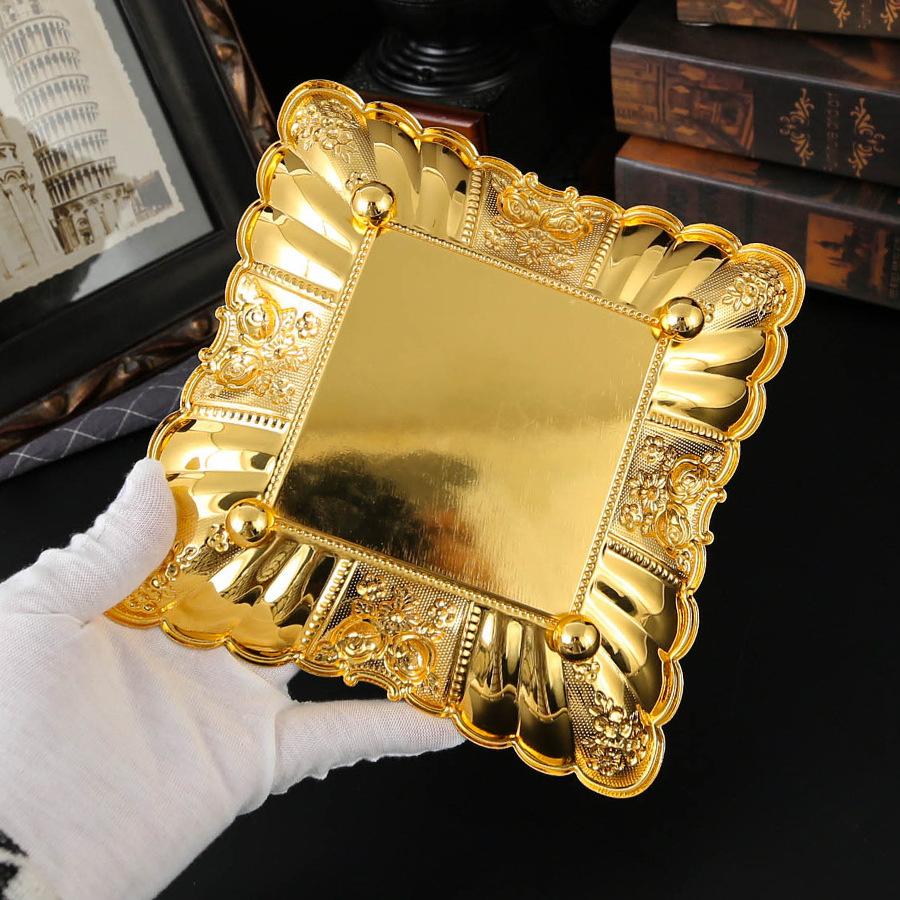 Fruit Serving Plate Metal Storage Tray Vintage Gold Square shape Carved patterns Decorative Plate Dessert Display Holder
