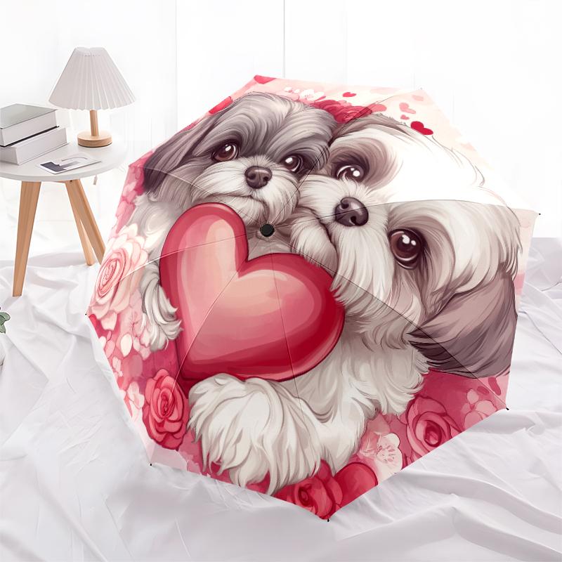 Heart and Shih Tzu pattern, automatic folding umbrella, portable and foldable design, 8 ribs, a Christmas or birthday gift.