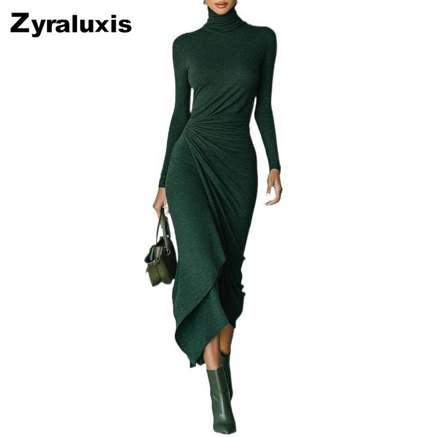 New Style Autumn Winter Elegant High Neck Ruched Bodycon Dress for Women