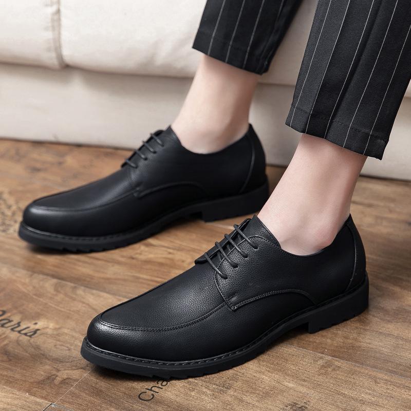Men's British Style Pointed Toe Lace-up Black Leather Shoes - Korean Casual Spring/Autumn Trend