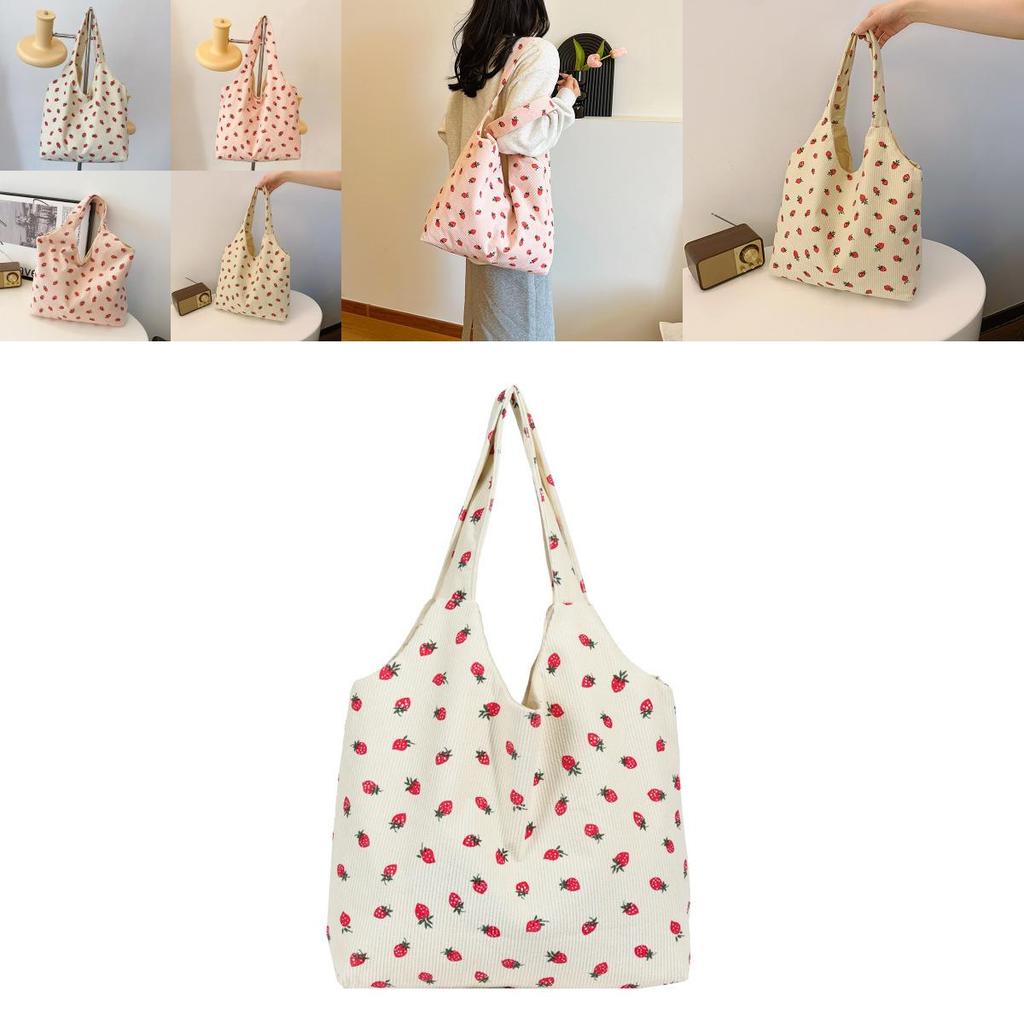Trendy 2024 Canvas Strawberry Tote Bag Fashionable Soft Shoulder Bag For Women