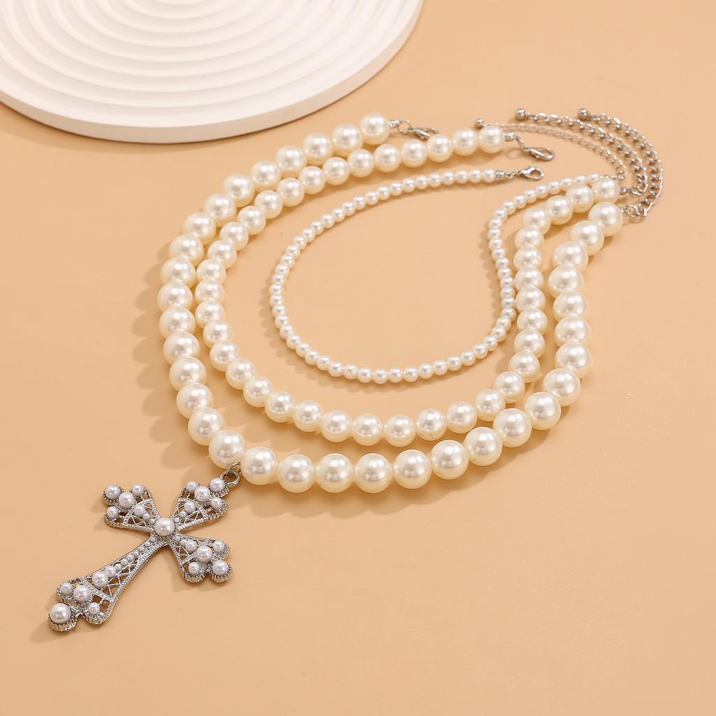 Punk Pearl Cross Necklace Set, Personalized Beads Stacked Collarbone Chain Necklace For Women