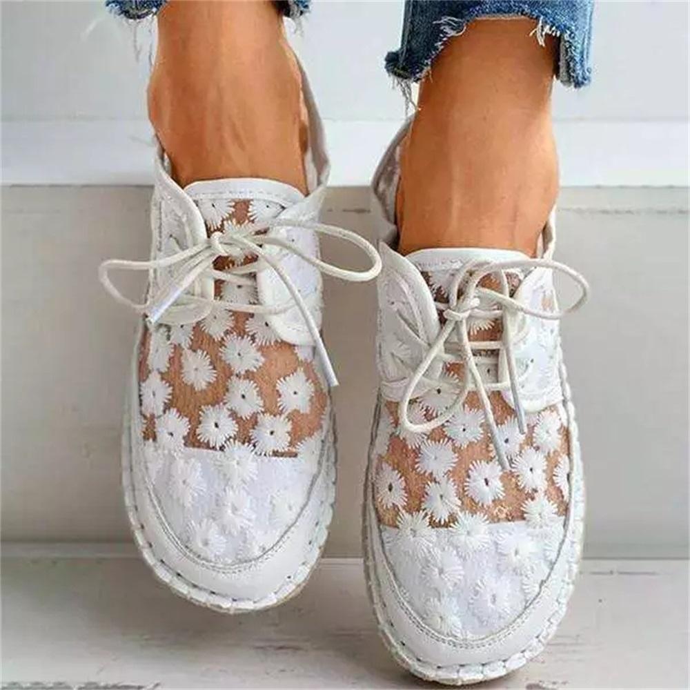 Sommer Gänseblümchen Bestickt Rundkopf Gestrickt Bequem Flache Schuhe Schnürer Mesh Einzelne Schuhe Sommersandalen