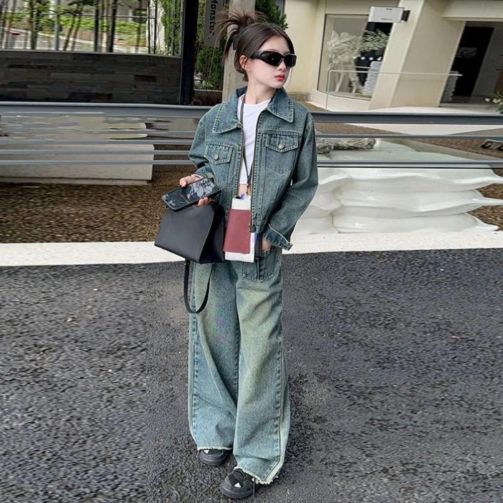 Y2K Jeans Jacket Suit Wide Leg Pants Girls Clothes Set Outfits Children Cowboy Set  Students