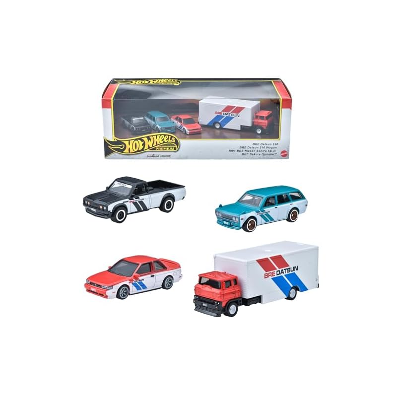Hot Wheels Premium Collector's Set - BRE Datsun Vehicle Toys, 4 Diecast Cars, Ages 3 and Up, HRT52