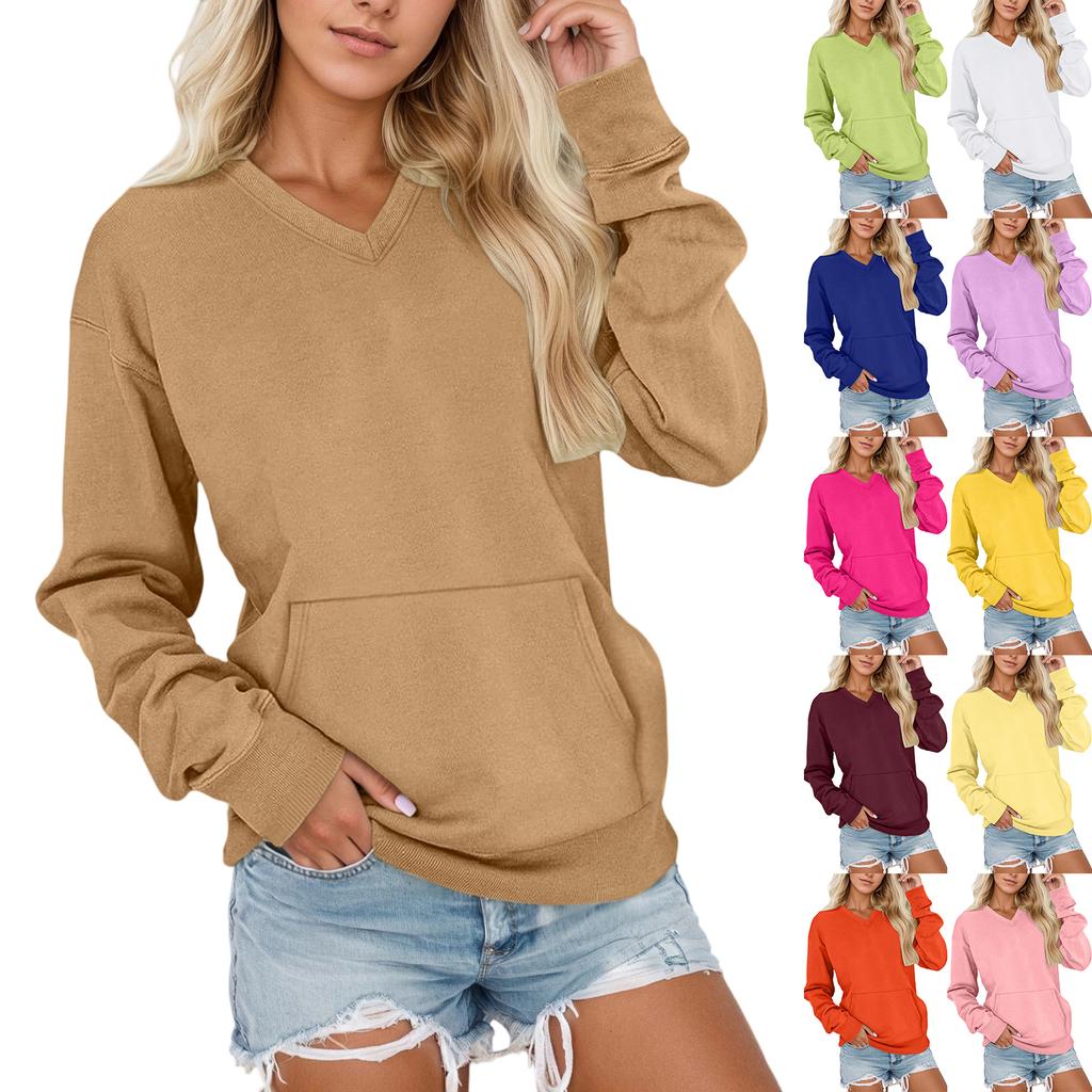 Women's V-Neck Long Sleeve Pullover Sweatshirt with Pocket, Color, Loose Fit for Casual Daily Wear