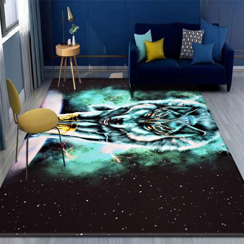 Moonlight Wolf Rug Three Wolves Howling At Full Moon Night Scene Design with Navy Sofa Yellow Chair Modern Home Decor