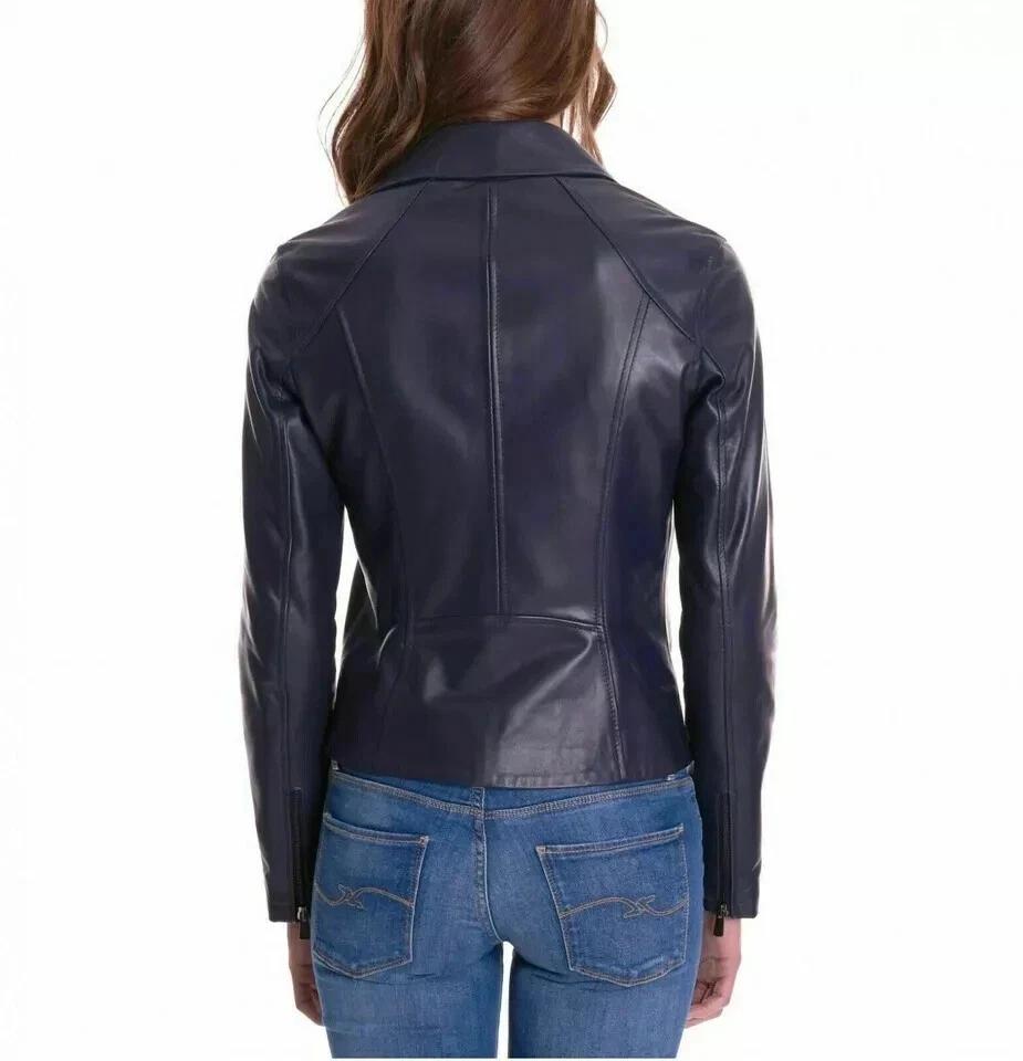 Blue Handmade Leather Women's Fashionable Jacket Lambskin Stylish Casual Wear Biker Soft