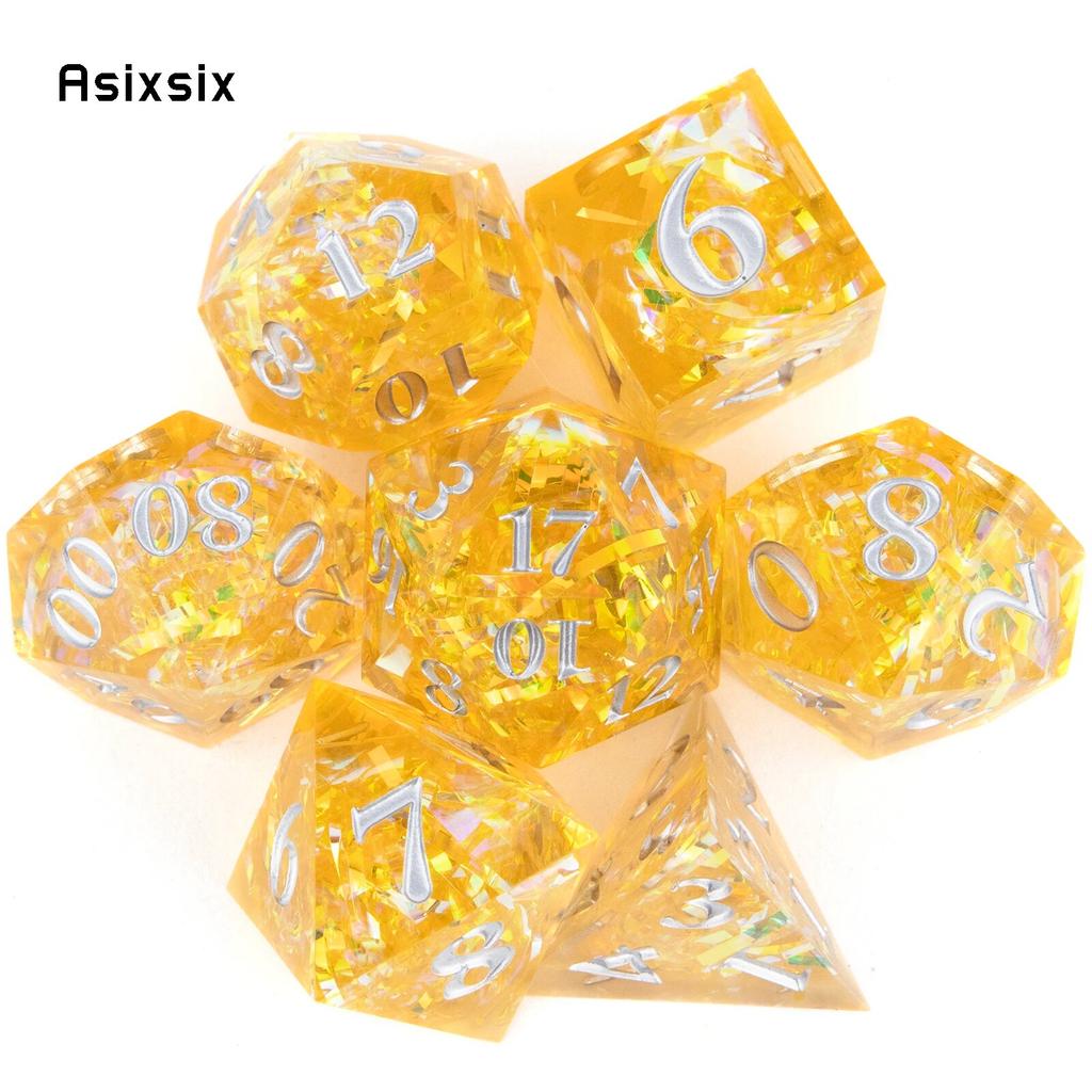 7 Stück gelbe Harz-weiße Zahlenwürfel mit scharfen Kanten, polyedrische Würfel, geeignet für Rollenspiele, RPG-Brettspiele