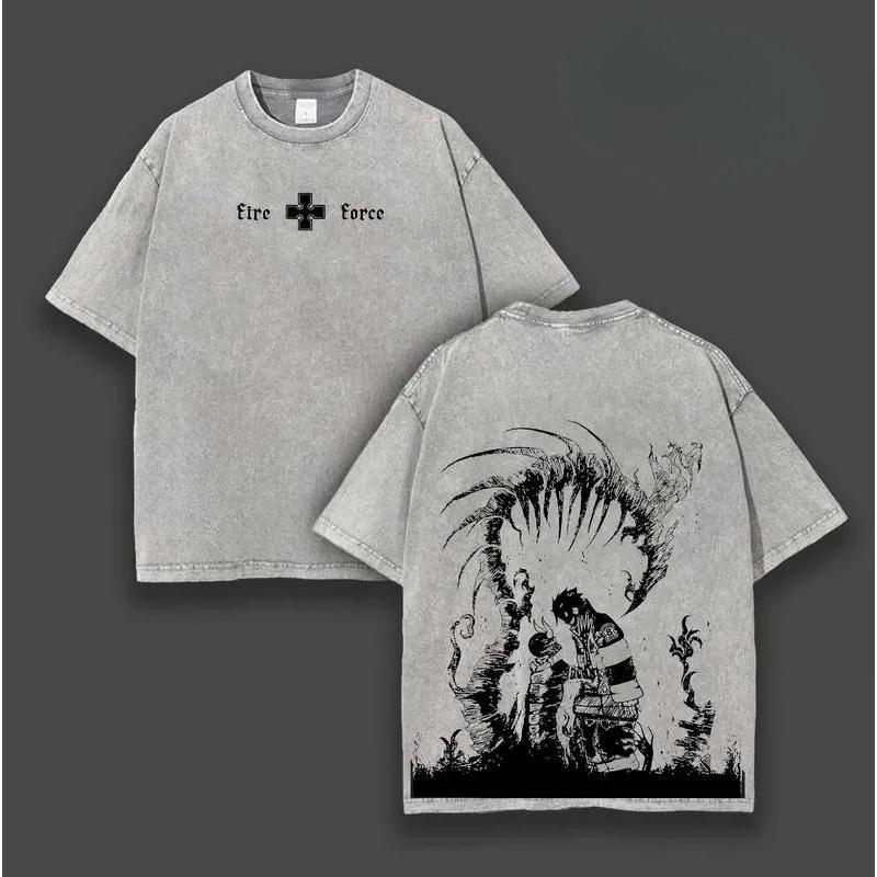 Fire Force Shinra Kusakabe Printed Tee Men Short Sleeve Clothing Washed Cotton T-shirt Vintage Casual T Shirt Harajuku Tshirt S
