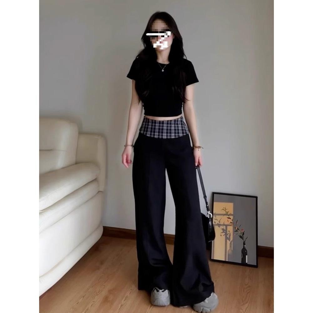 Black plaid splicing suit wide-leg pants women's new loose and lazy wind drooping high-end casual trousers