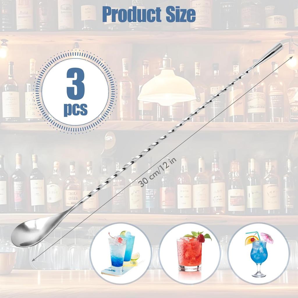 3Pcs Stainless Steel Bar Spoon, Ergonomic Stirring Spoons for Effortless Cocktail Mixing, Twist-Handle Cocktail Spoon for Precision Stirring
