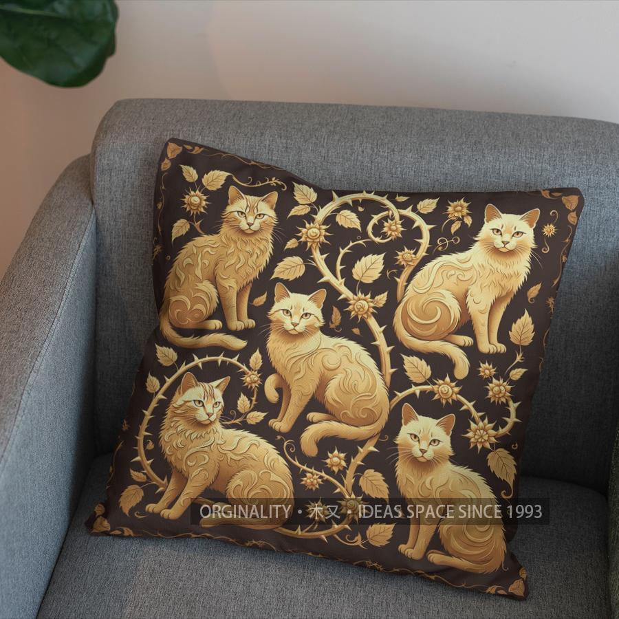 2D Golden Cats With Vine And Flowers Pillow Cover Pattern Cushion Cover Suitable For Sofa Bedroom Car Pillow Cover