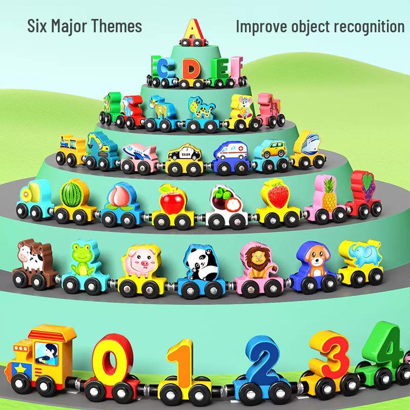 Wooden Montessori Puzzle: Magnetic Train with Numbers, Zodiac Signs, Letters & Fruits for Early Education and Brain Training