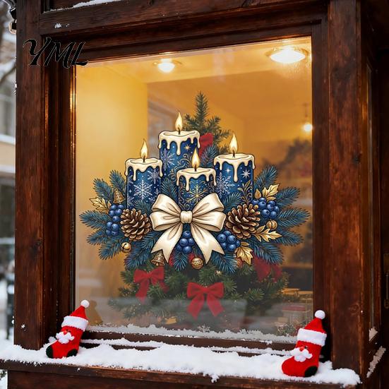 Winter Holiday Glass Stickers Christmas Candle Static Stickers, Removable Window Cling with Bow Pinecone And Pine Decorative Branch Clings Pattern,