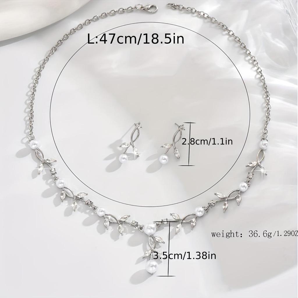 Elegant Pearl & Rhinestone Leaf Jewelry Set for Brides