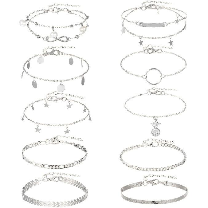 12pcs Gold/Silver Ankle Bracelets for Women Layered Waterproof 14k Cuban Link Chain Anklets Set Adjustable Dainty Summer Beach Gold Accessories Boho