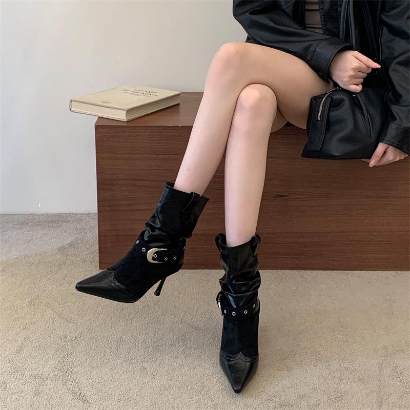 Rich autumn and winter new retro pointed fashion medium boots splicing belt buckle sleeve wrinkled stacking boots