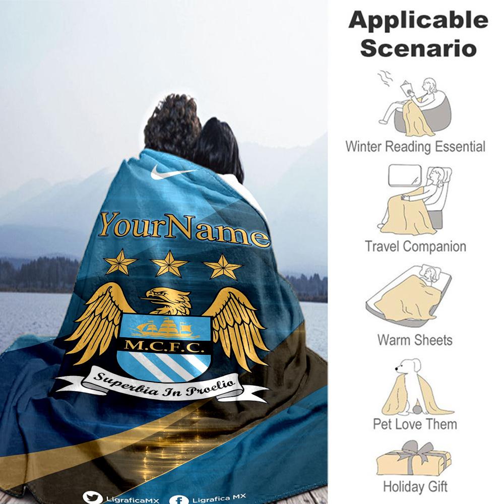 Manchester City Customize Your Name Blanket Multi-purpose Personalized Blanket Ultra-Soft Suitable for Sofa Livingroom Picnics Bed