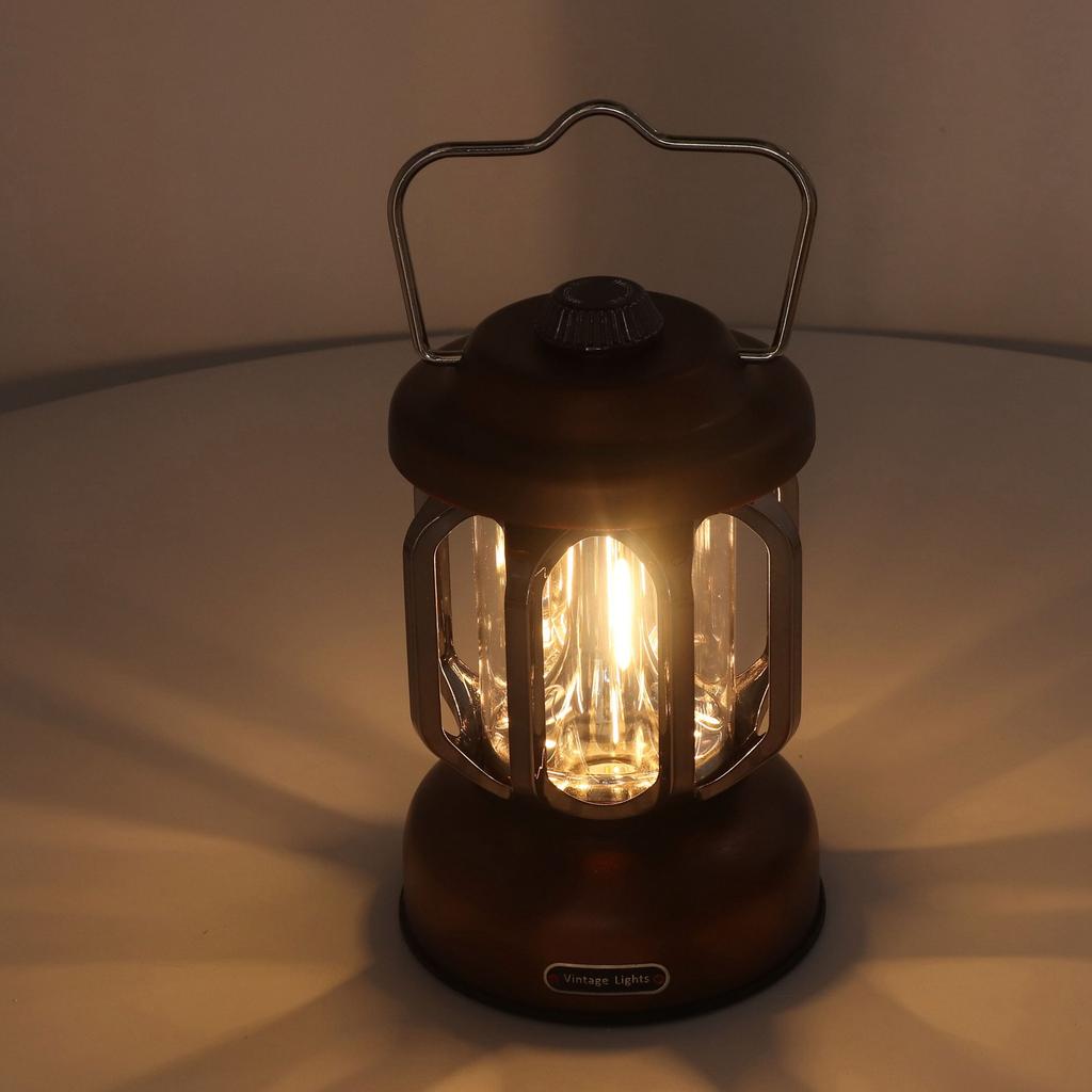 Retro Camping Lantern Vintage Camping Lamp Type C Rechargeable 3 Modes Dimmable with Hook Waterproof LED Tent Lamp for Garden Brown
