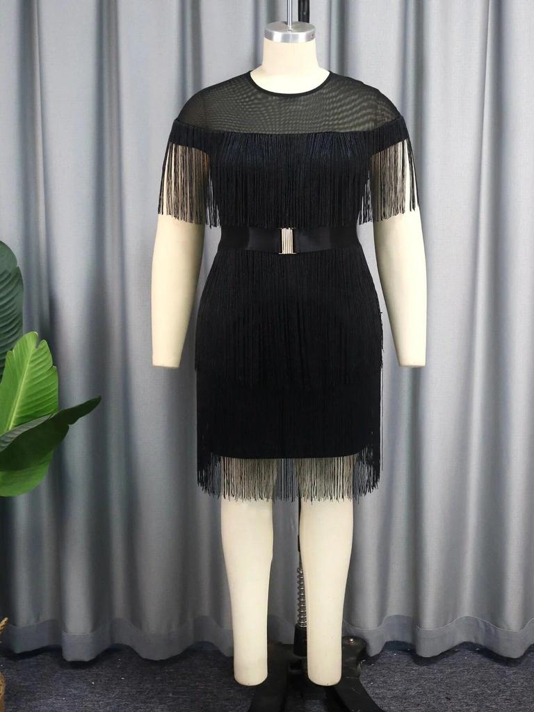 AOMEI Vestidos con flecos hasta la rodilla para mujer, cuello redondo, retazos transparentes, sin mangas, imperio, cóctel, evento, fiesta, trajes con borlas y cinturón
