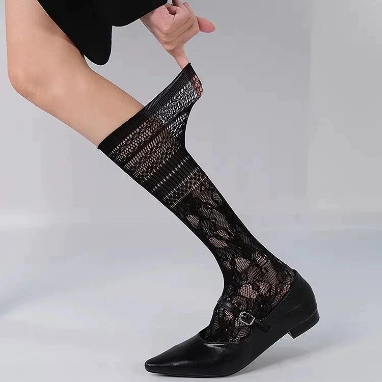Fashion Spring Summer Hollow Out Socks Black White Lace Women Lolita Y2k Younger Breathable Socks Thin Cute Mid Calf Crew Socks