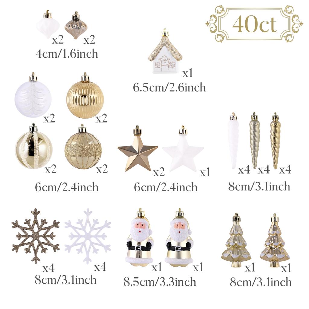 Valery Madelyn Christmas Tree Ball 40 White and Gold Tree Decorations with Top Stylish and Luxurious Nordic Style and Set, Ornaments, Stars, (White