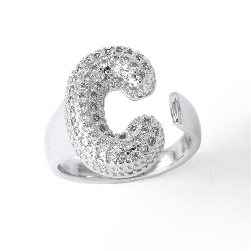 Letter Design Ring with Clear Stone Detail, Copper Base Fashion Jewelry for Daily Outfits, Party Styling and Gifts