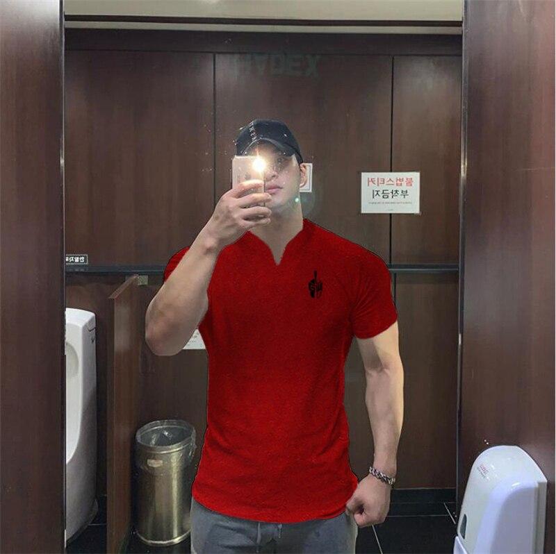 Muscleguys New Sports V-neck Top Running Fitness Breathable Professional Training Short Sleeve T-shirt