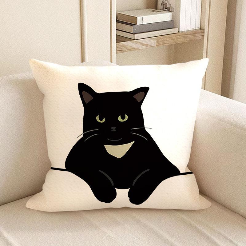 Cute Black Cat Cartoon Throw Pillow Cover - Minimalist Animal Home Decor