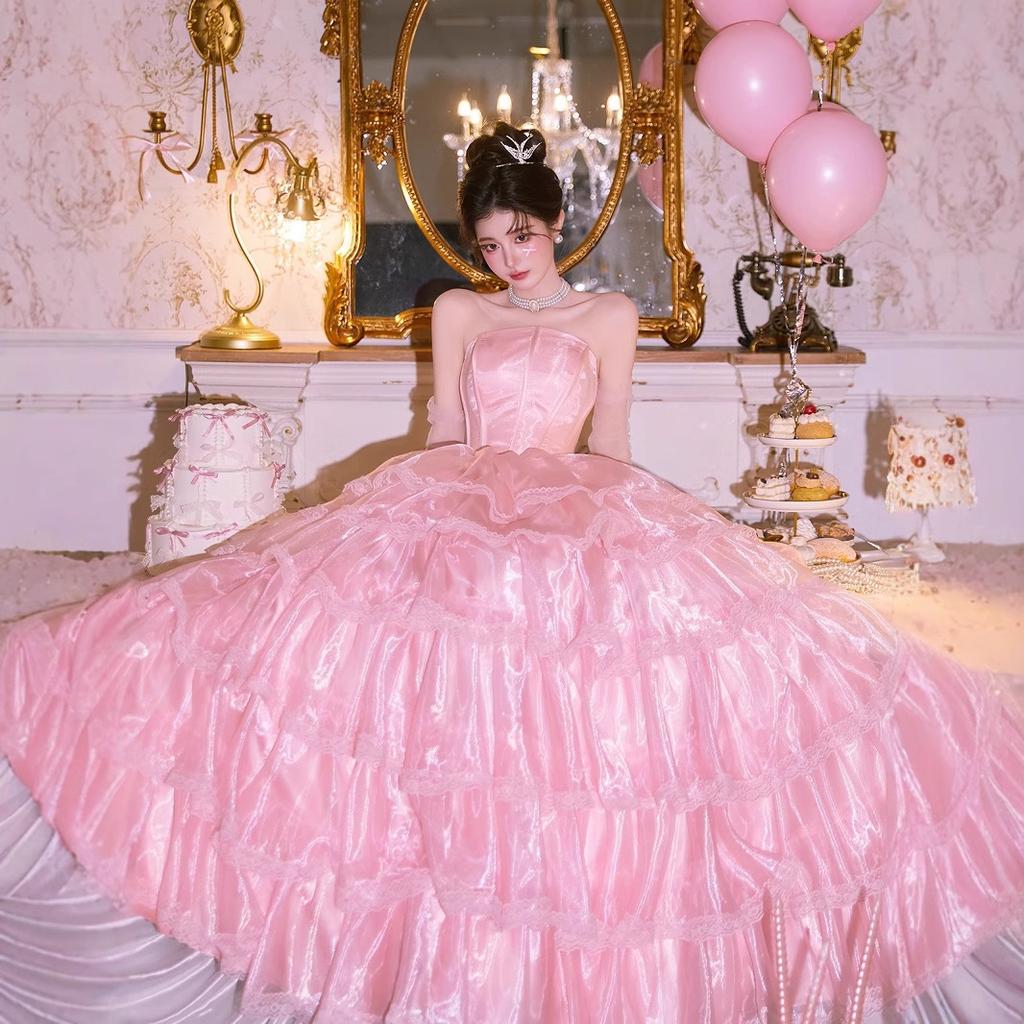 Tube Top Male Wedding Dress Dress Skirt French Retro Premium Texture Pink Lace Birthday Travel Photo Is Beautiful