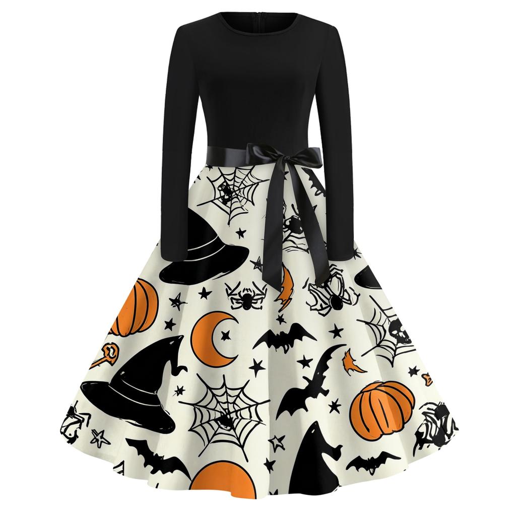 Women's Casual Halloween Print Dress Long Sleeve Round Neck Retro Vintage Style Midi Dress with Waist Tie for Everyday Wear