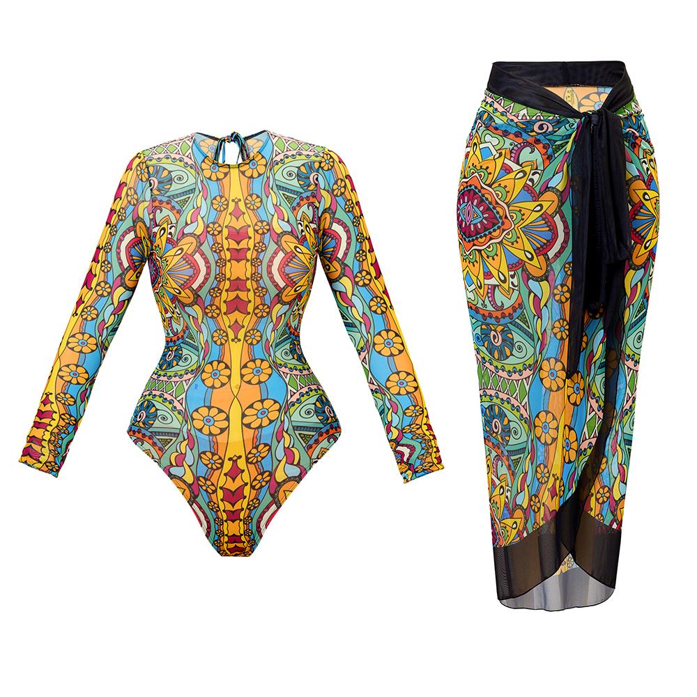 2025 Long Sleeve Sheer Sun Protection One-Piece Set Swimsuit Women Sexy Rash Guard Swimwear Bodysuit Beachwear With Coverup