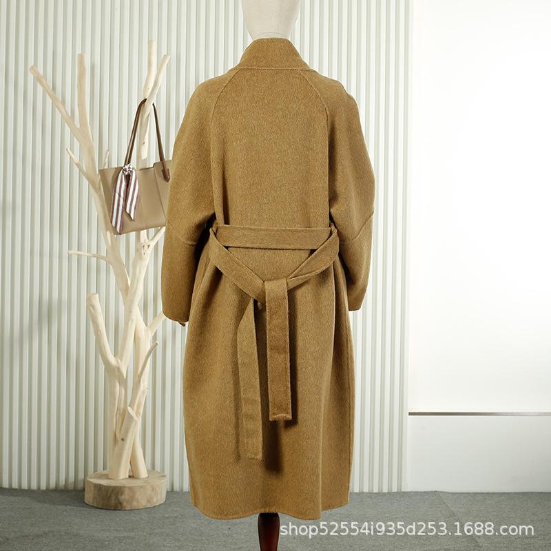 New autumn and winter solid color stand-up collar wool double-sided woolen coat medium and long lace-up thin wool coat women's coat