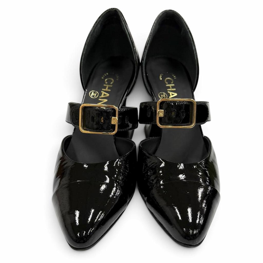 Great CHANEL Pumps Black Patent Leather Women 36.5 G39048 Used