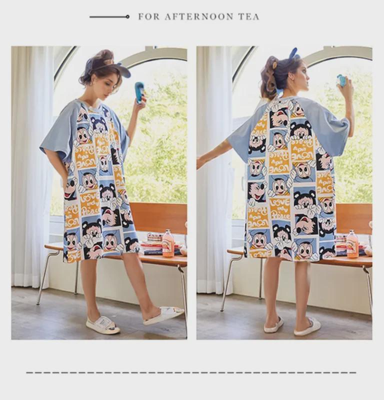 Süßes Sommernachthemd aus Baumwolle mit Cartoon-Motiv für Damen – Kurzarm, lockere Passform, koreanischer Stil, mittellanger Rock