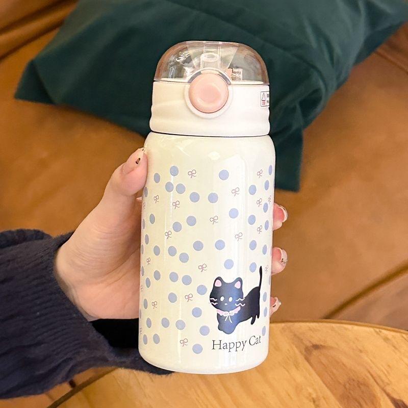 500ml ladies' cute cat pattern insulated cup 316 stainless steel insulated cup  stainless steel water bottle with straw