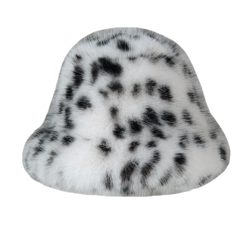 Damski kapelusz typu bucket z imitacji futra w panterkę – Styl jesienno-zimowy, Ciepły plusz, Retro design, Wyszczuplający twarz.