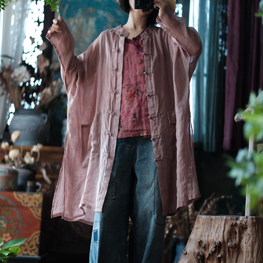 Johnature Women Vintage Long Shirts Stand Long Sleeve Button Patchwork Pockets Spring Chinese Style Blouses