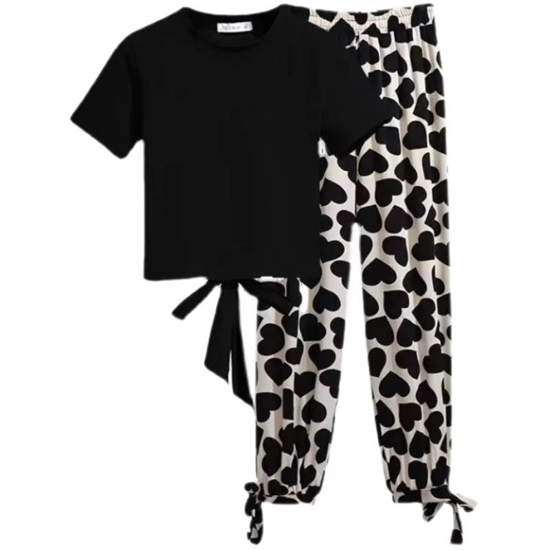 Set de vară cu model inimă, subțire, din două piese, pentru studenți: Stil Stradal Casual cu Design Dulce sau Cool