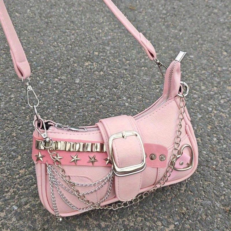 Y2K Fashionable Multi-Functional Star & Moon Design Unique Pink Chain Decor Steampunk Ladies Rock Style Bag Suitable for Girls'' Street Style