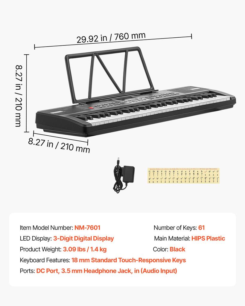 VEVOR Digital Piano 61 Keys Semi Weighted Electric Keyboard Portable Black, for Beginners, 100 Tones, 100 Rhythms, Electronic Piano
