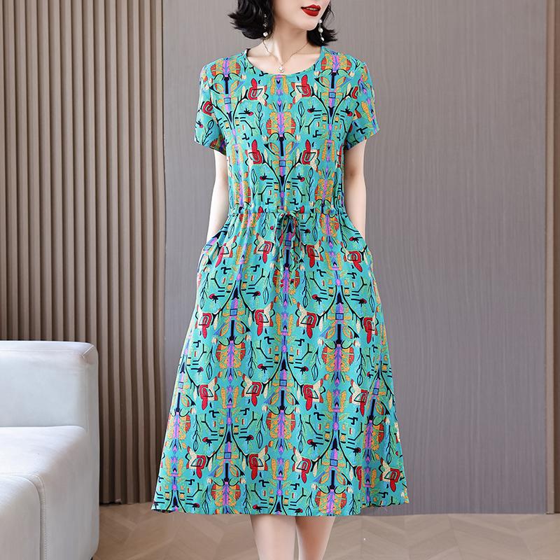 Letnia kobieta elegancka sukienka nowa dorywczo z krótkim rękawem ubrania w stylu koreańskim damska długa sukienka z nadrukiem w stylu vintage